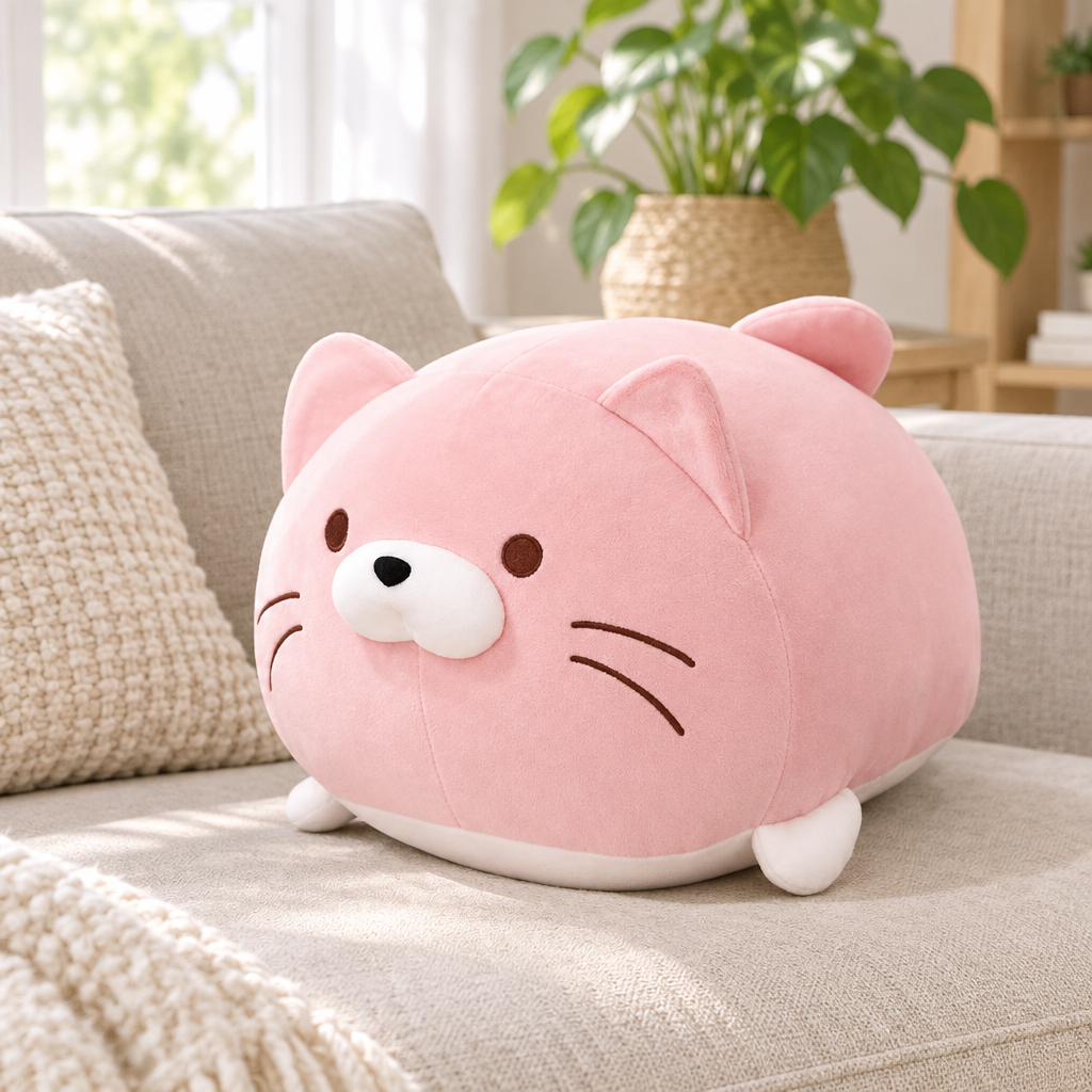 Pink chubby cat plushie on a living room sofa