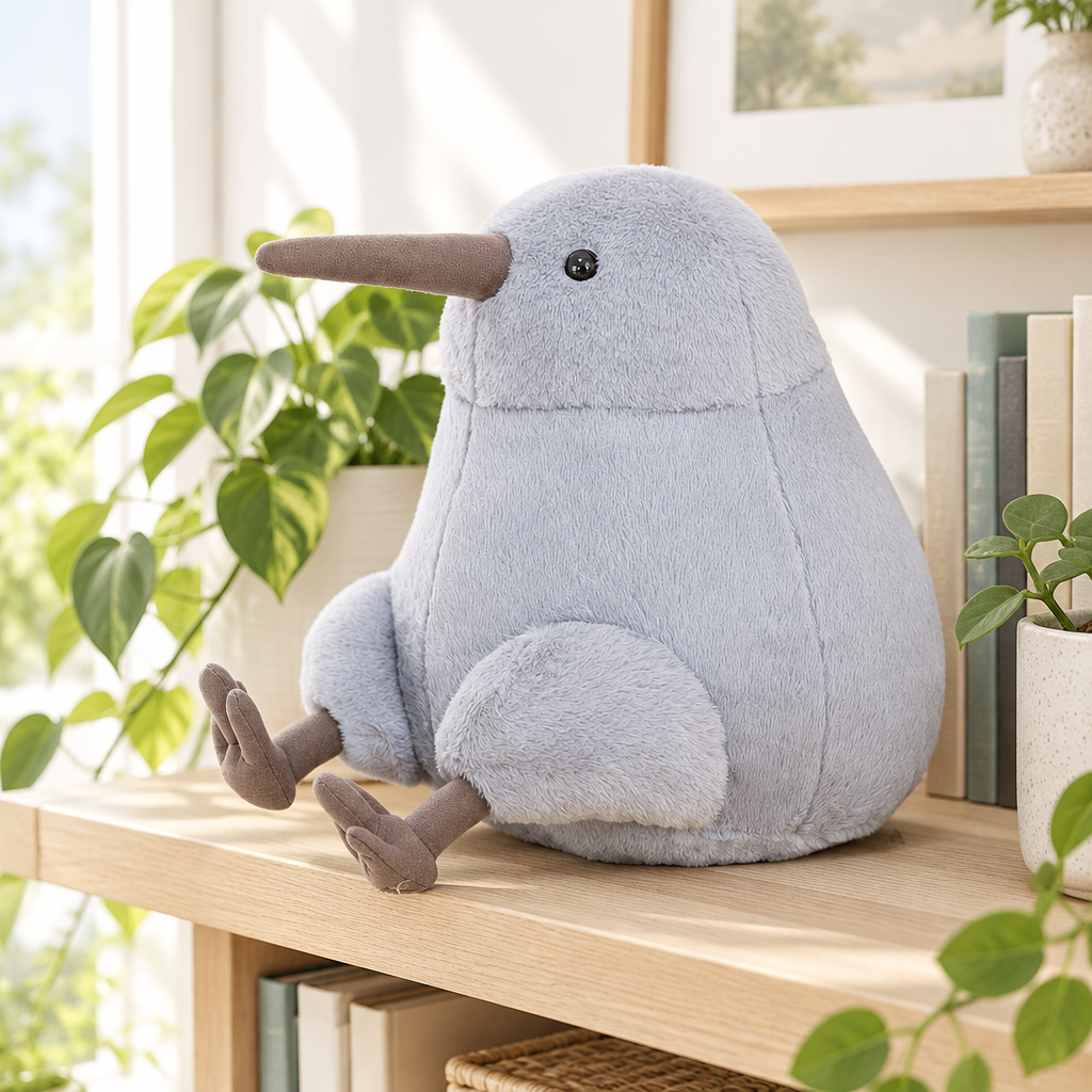 Gray chunky kiwi bird plushie on a living room shelf