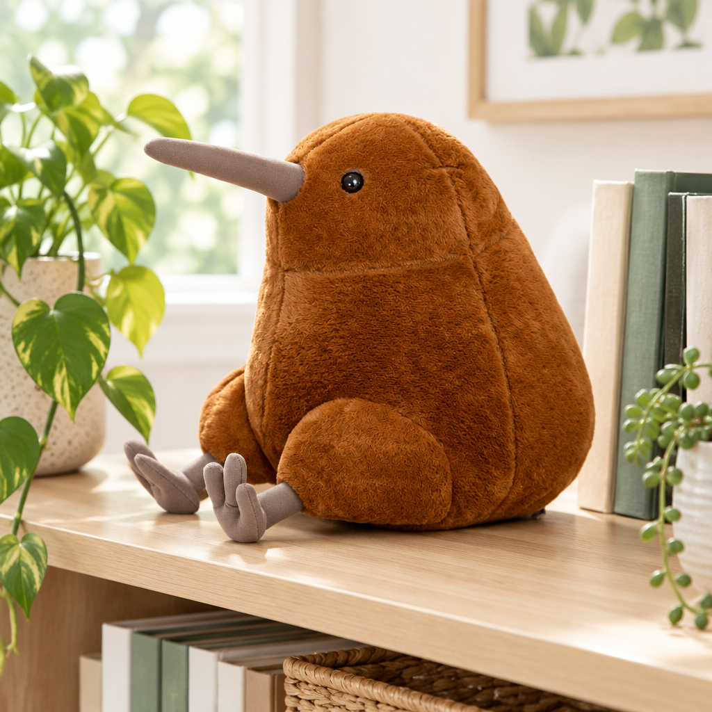 Brown chunky kiwi bird plushie on a living room shelf