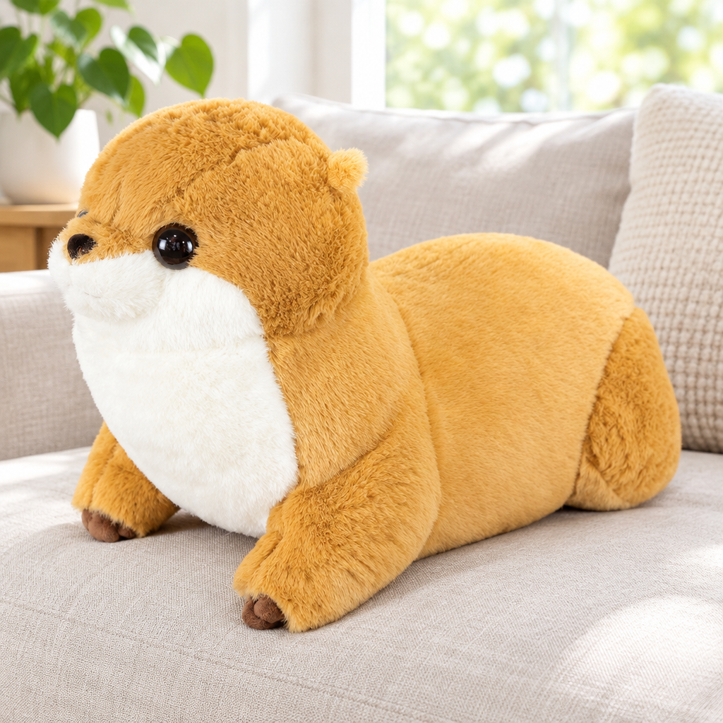 Light chubby otter plushie on a living room sofa