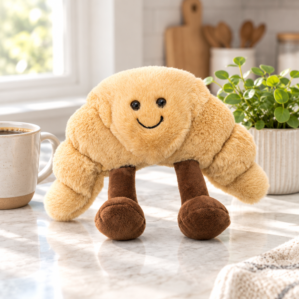 Croissant plushie on a kitchen counter