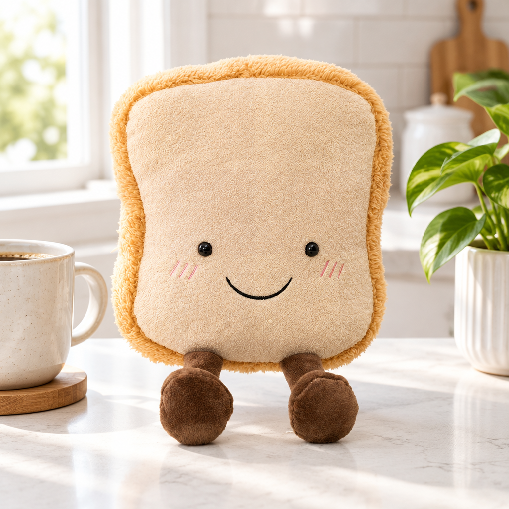 Toast plushie on a kitchen counter