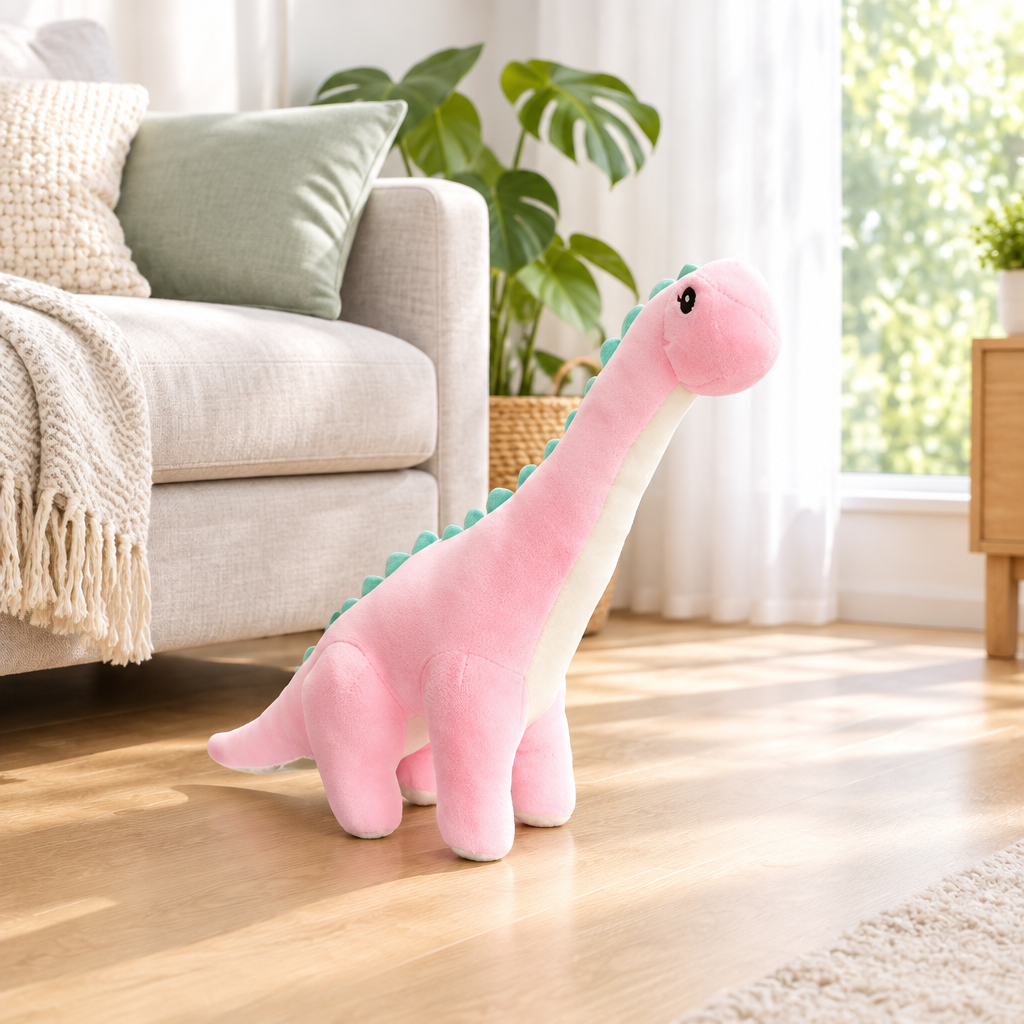 Pink long neck dinosaur plushie in a living room