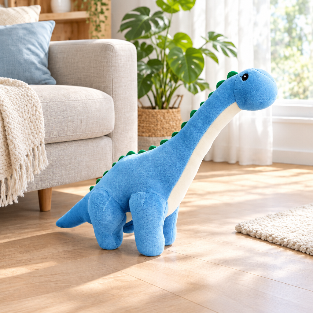 Blue long neck dinosaur plushie in a living room