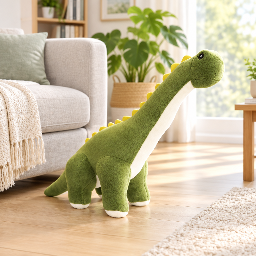 Green long neck dinosaur plushie in a living room