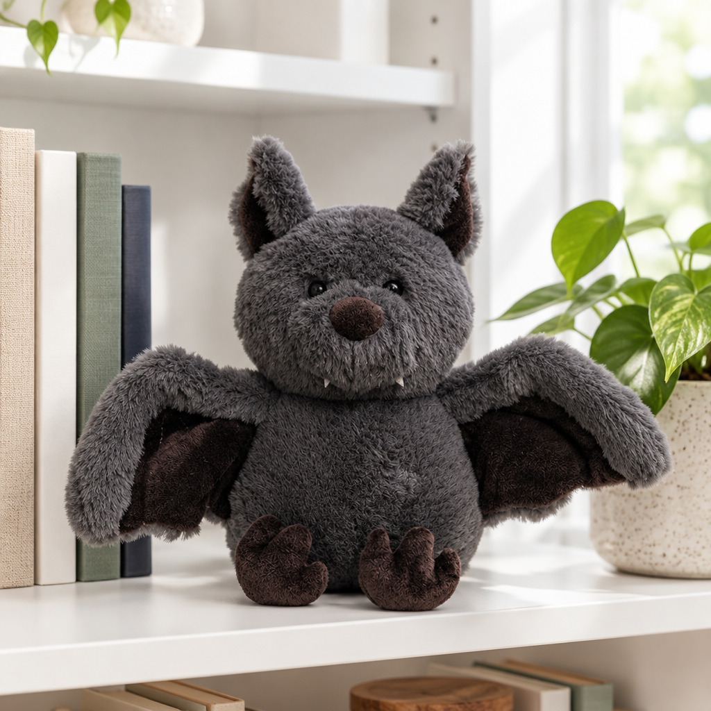 Dark gray bat plushie with velcro wings on a bookshelf