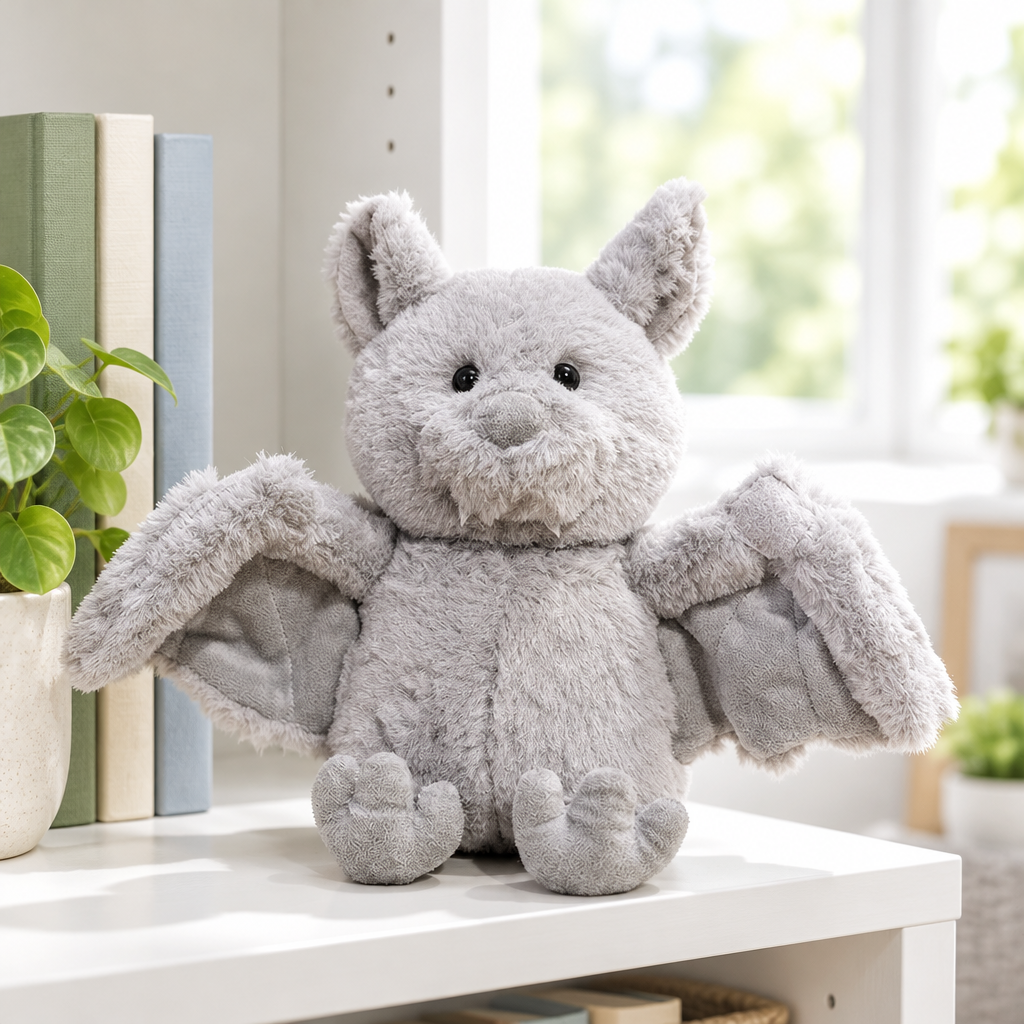 Light gray bat plushie with velcro wings on a bookshelf