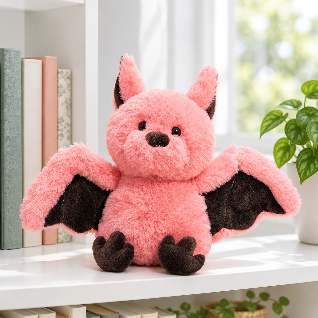 Pink bat plushie with velcro wings on a bookshelf