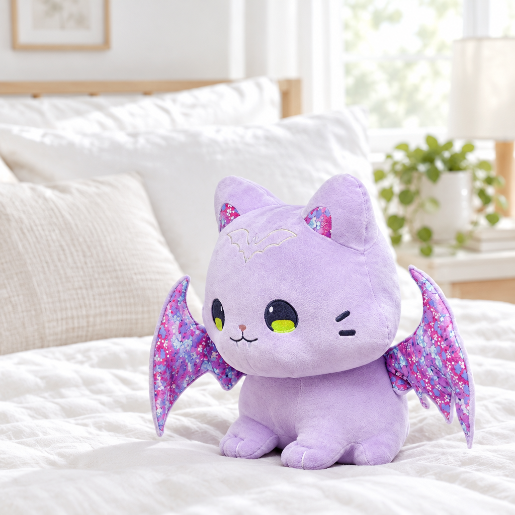 Purple winged cat plushie on a cozy bed