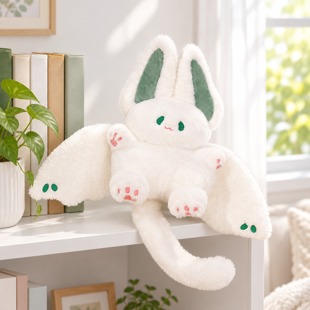Fluffy bat plushie with green highlights on a bookshelf