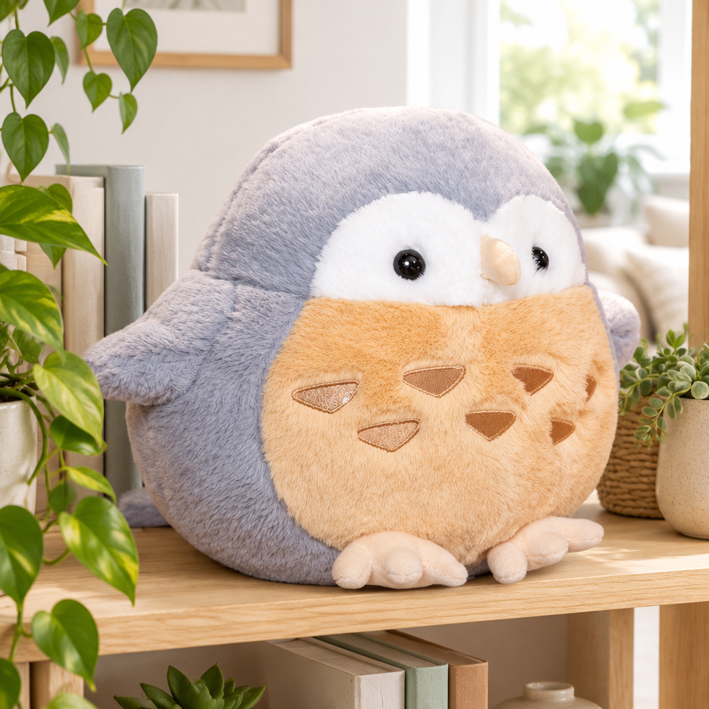 Grey chonky owl plushie on a living room shelf
