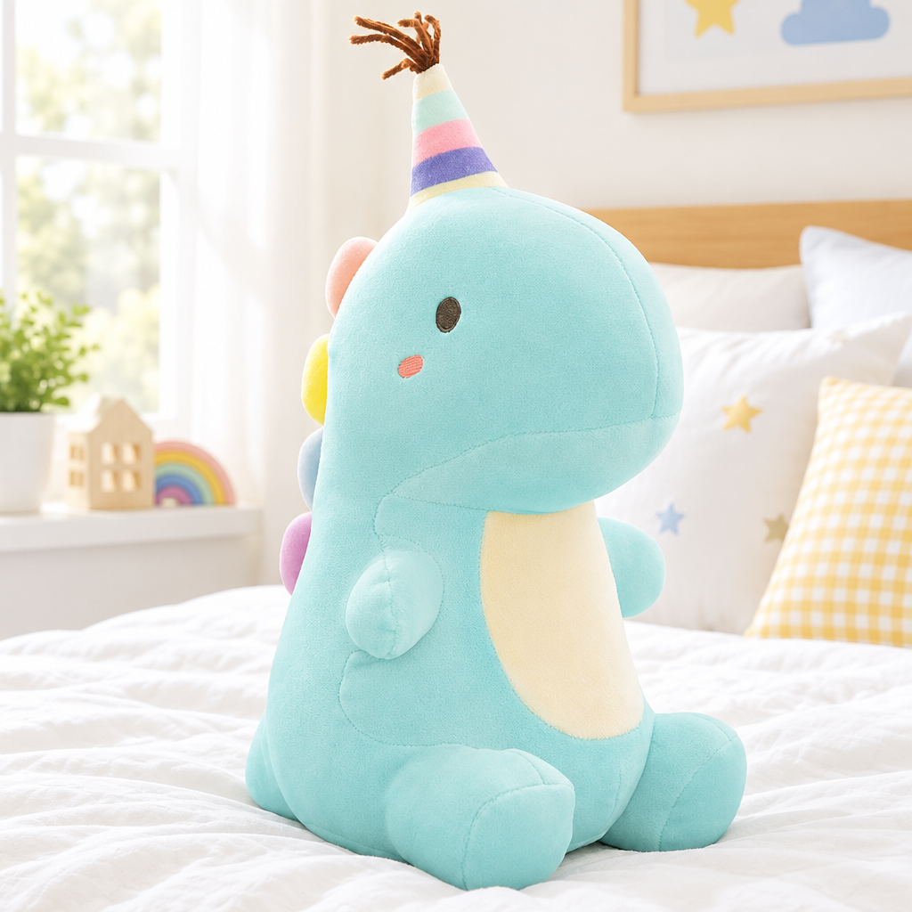 Blue party dinosaur plushie on a cozy bed