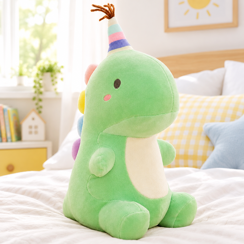 Green party dinosaur plushie on a cozy bed