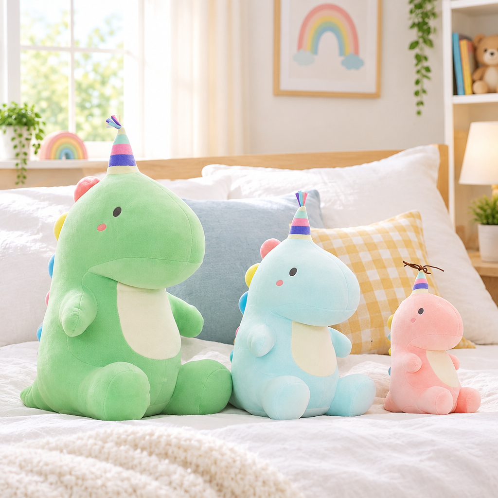 Set of three party dinosaur plushies on a cozy bed
