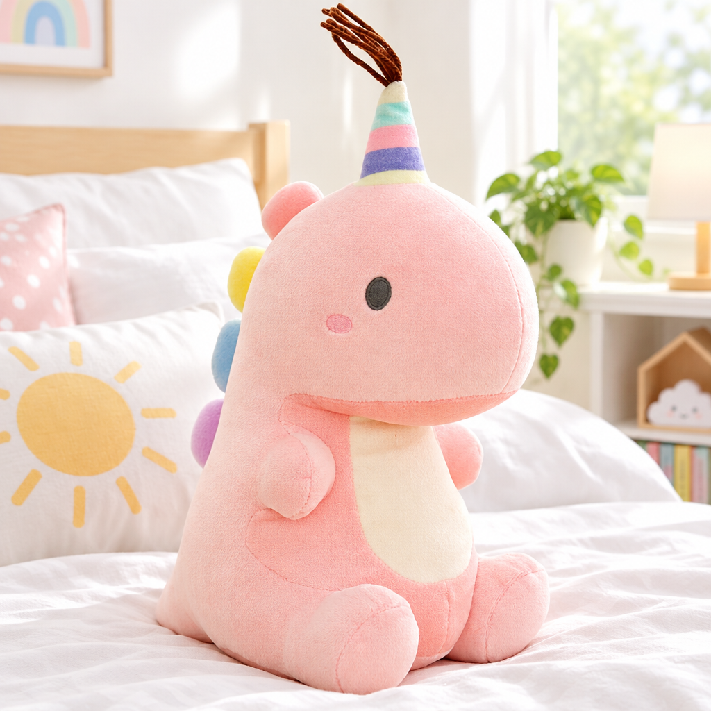 Pink party dinosaur plushie on a cozy bed