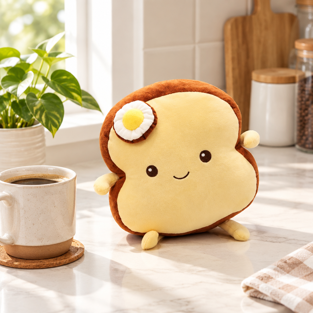 Brown egg on toast plushie on a kitchen counter