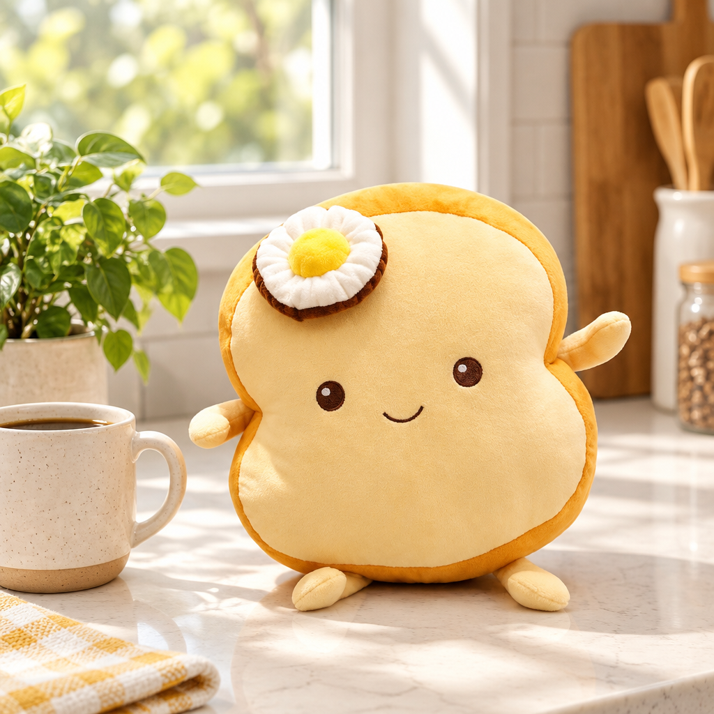 Golden egg on toast plushie on a kitchen counter