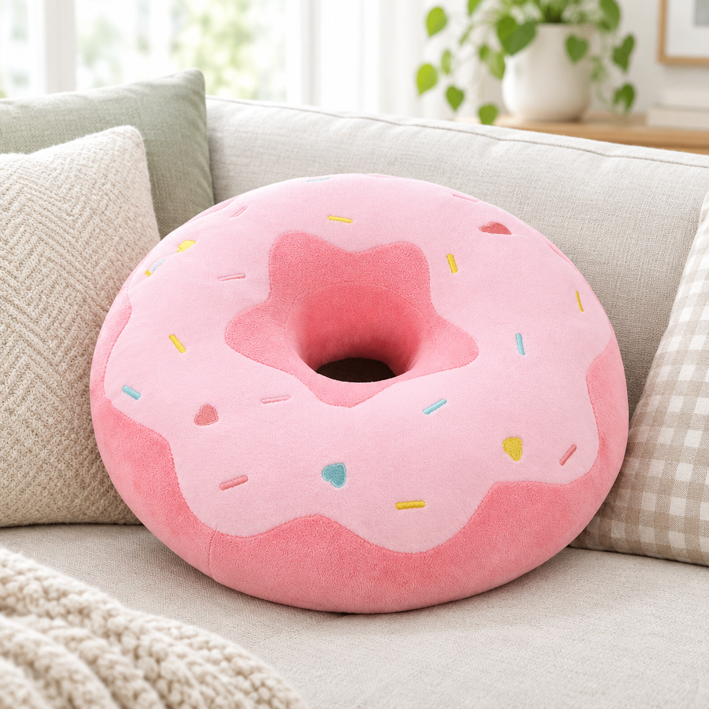 Pink frosted donut cushion on a sofa