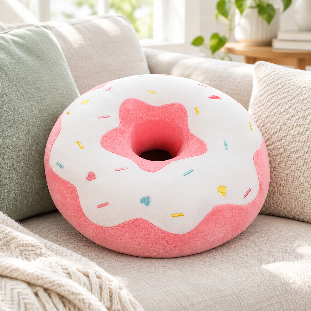White frosted donut cushion on a sofa