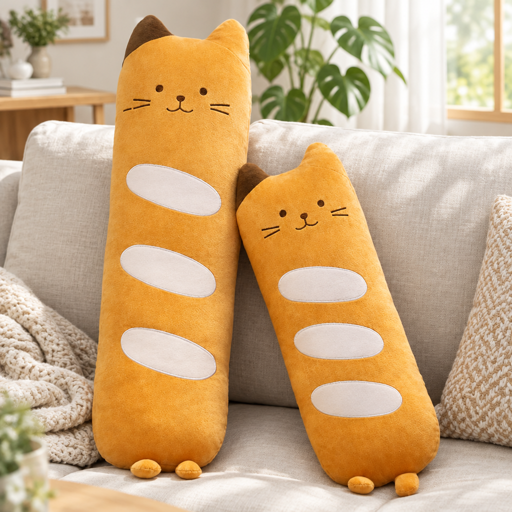 Long baguette cat plushie on a living room sofa