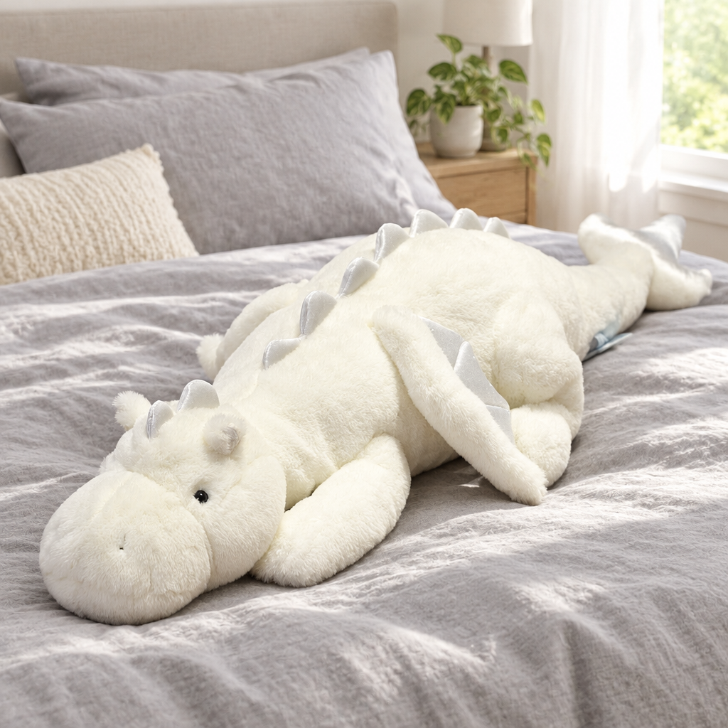 White giant fluffy dragon plushie on a cozy bed