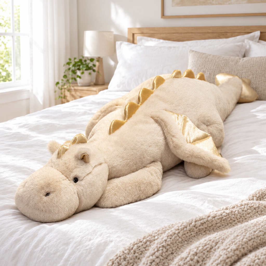 Beige giant fluffy dragon plushie on a cozy bed