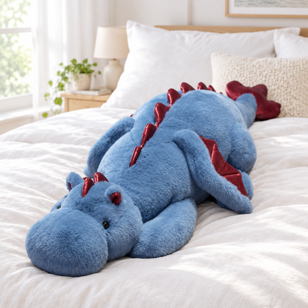 Blue giant fluffy dragon plushie on a cozy bed