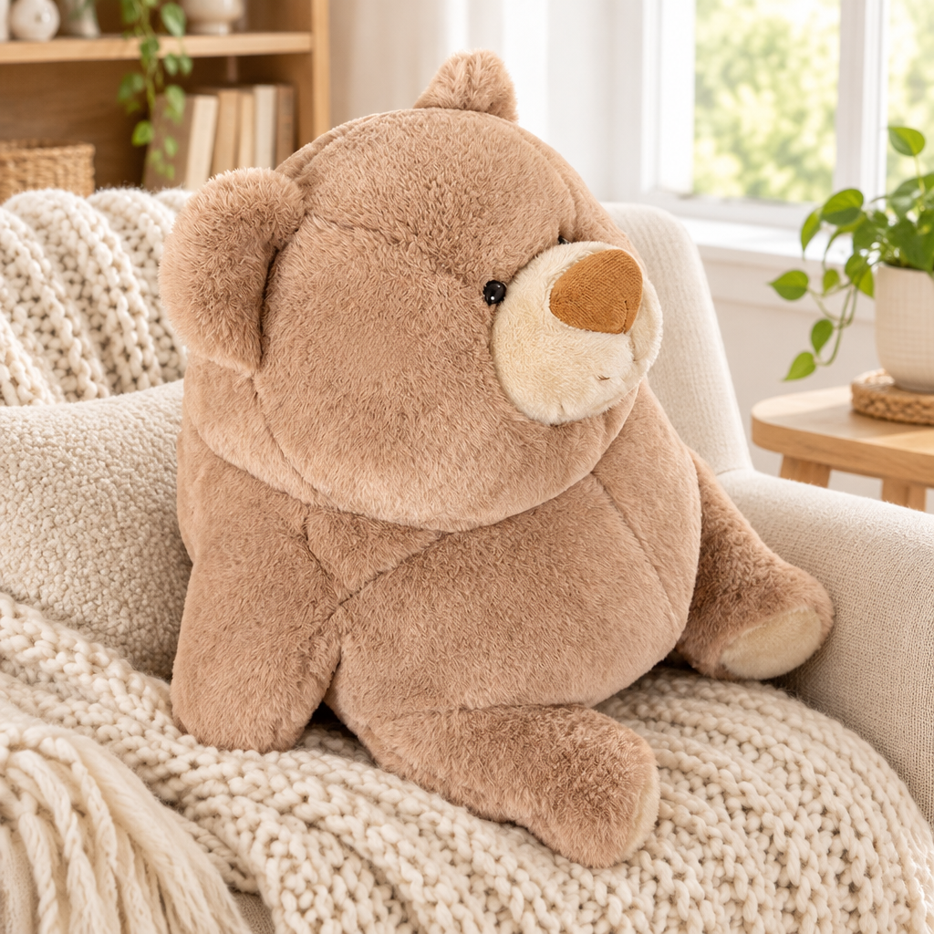 Fat chubby bear plushie on a cozy armchair