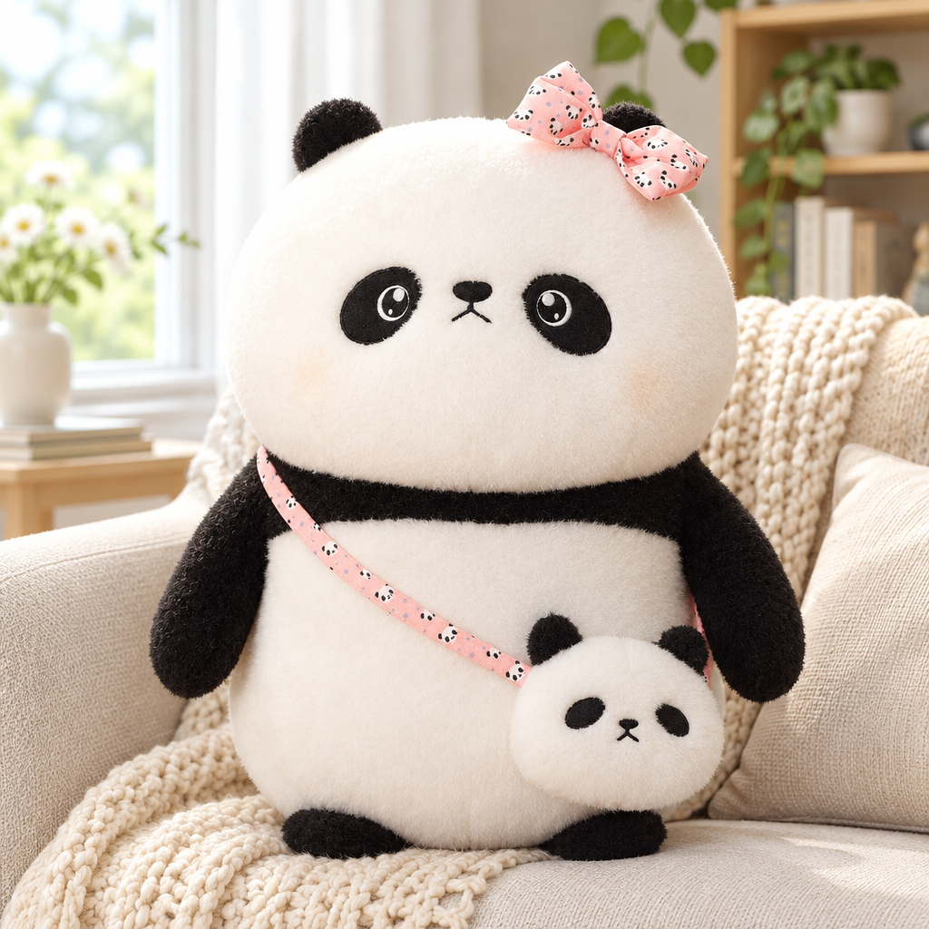 Grumpy panda plushie with pink bow on an armchair