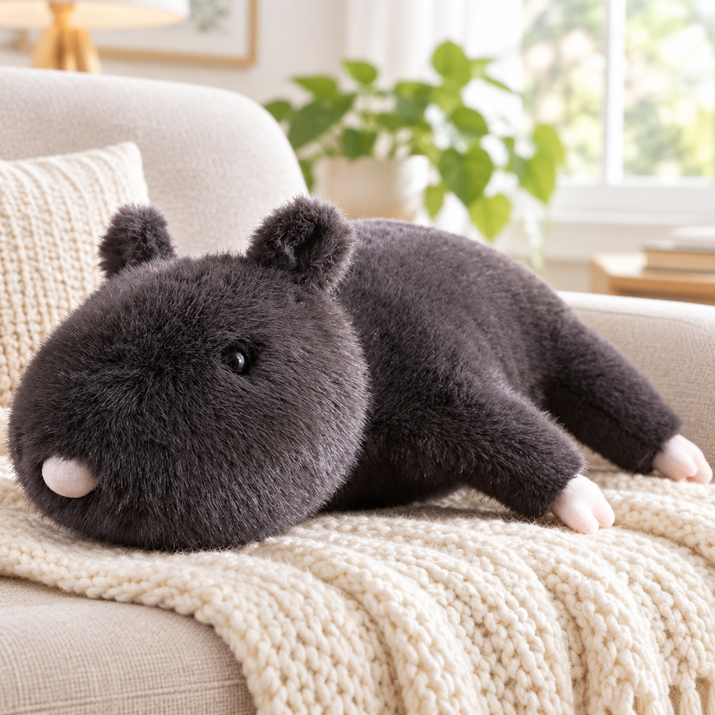Black rat plushie on a cozy armchair