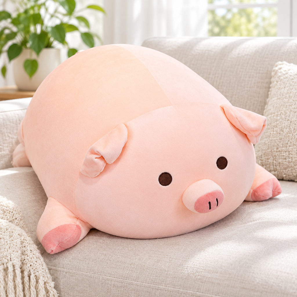 Awake chonky pink pig plushie on a sofa