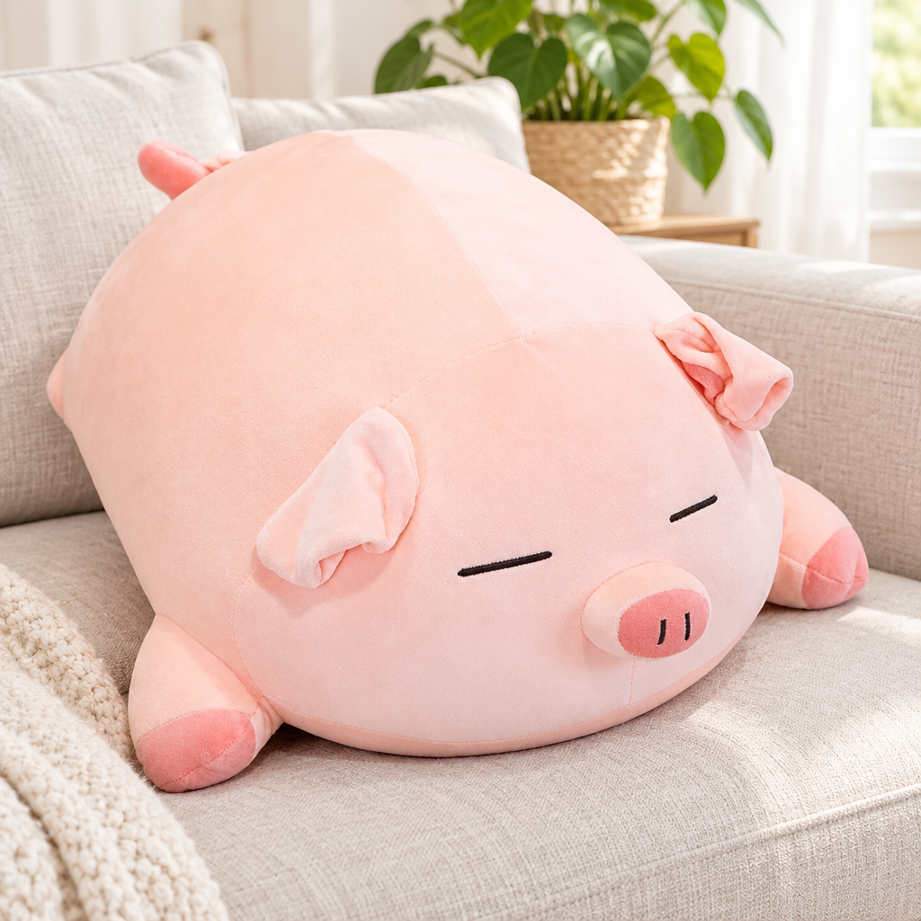 Sleeping chonky pink pig plushie on a sofa