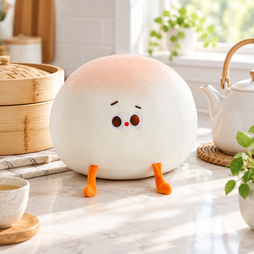 Fluffy bao bun plushie on a kitchen counter