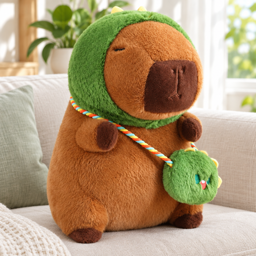 Capybara plushie in a dinosaur costume on a sofa