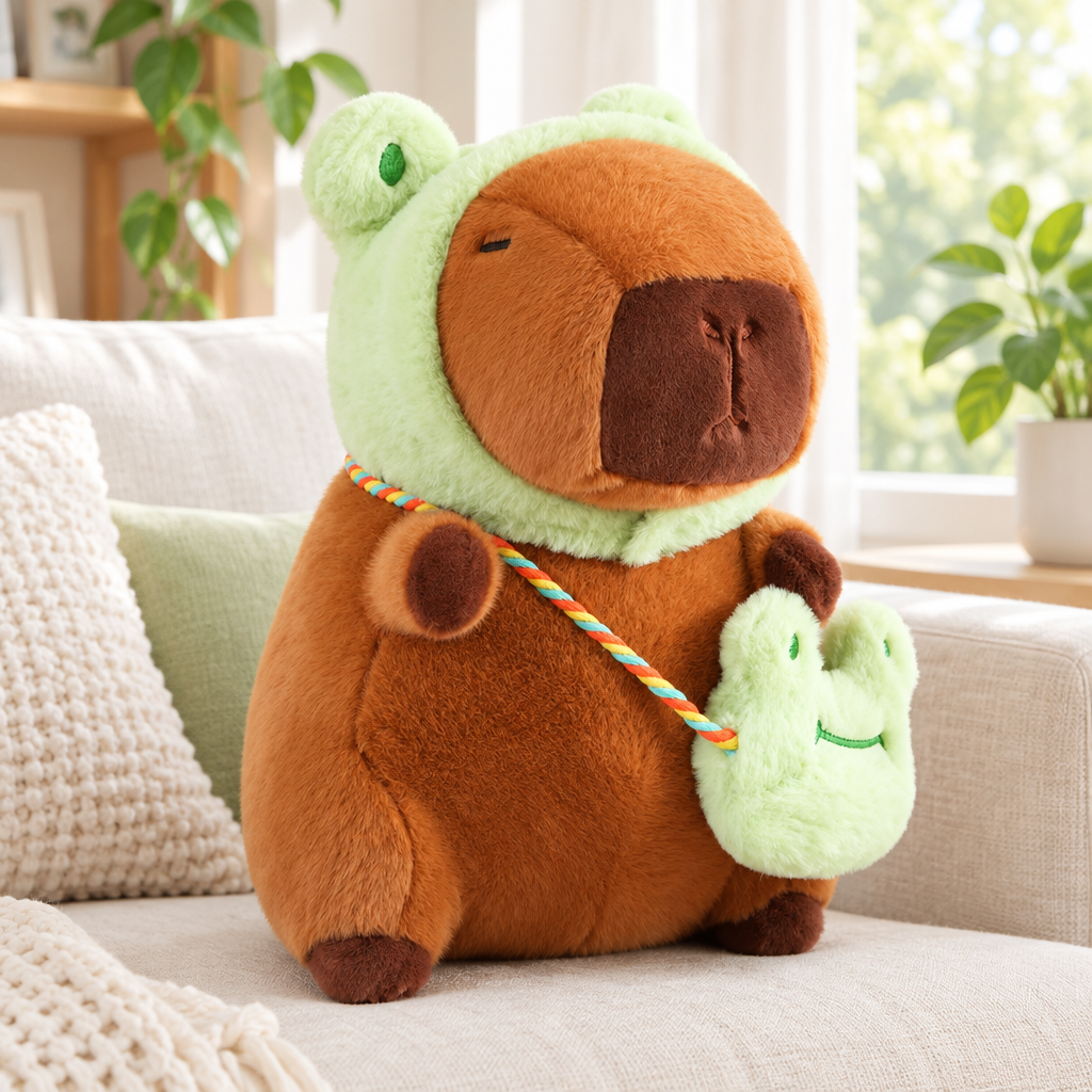 Capybara plushie in a frog costume on a sofa