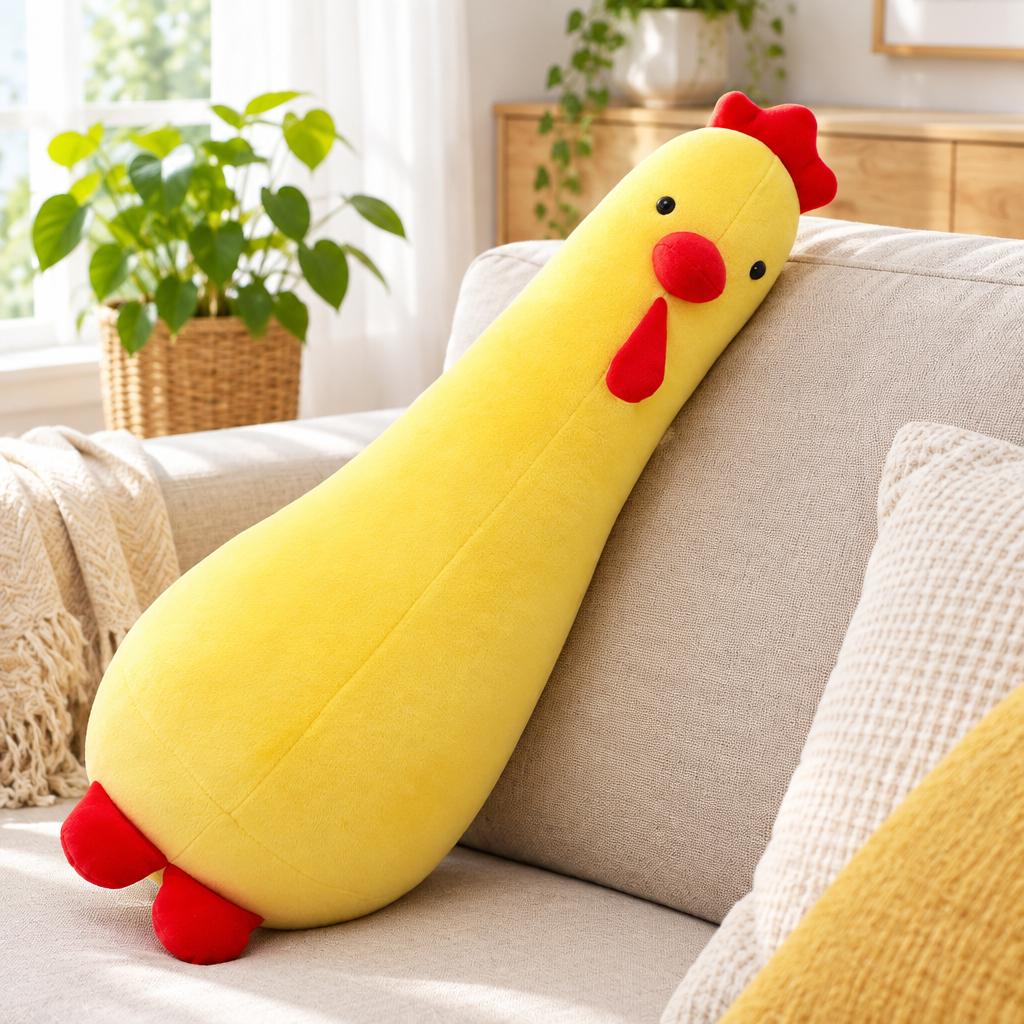 Yellow fluffy chicken plushie on a sofa