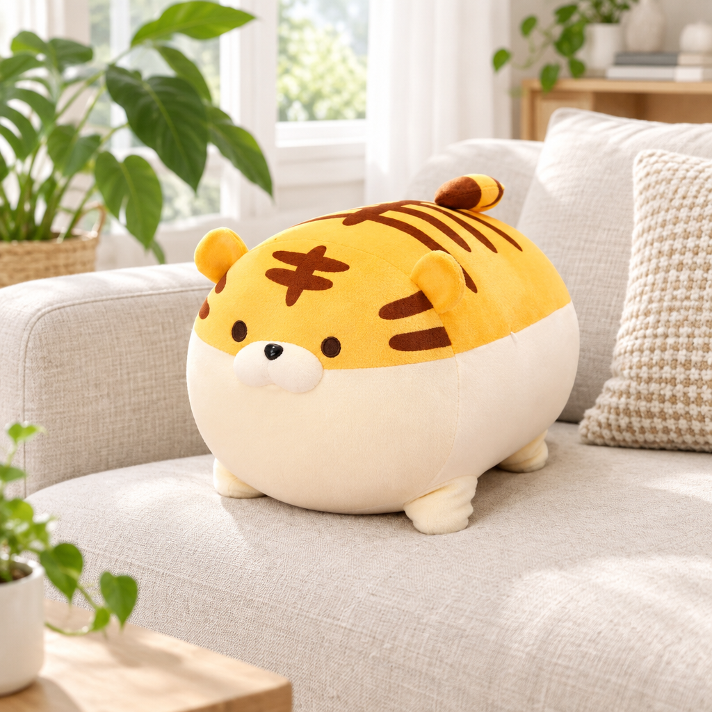 Orange chonky tiger plushie on a living room sofa