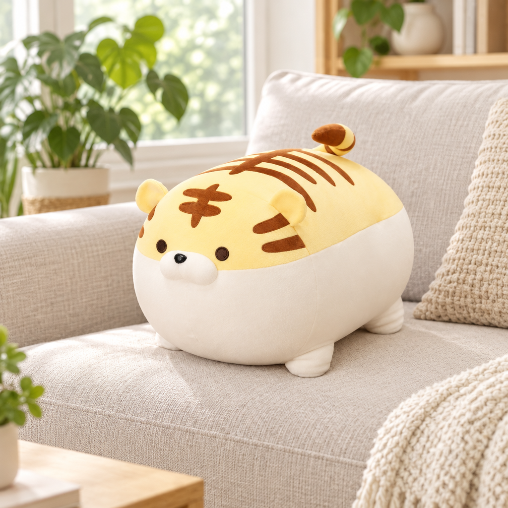 Yellow chonky tiger plushie on a living room sofa