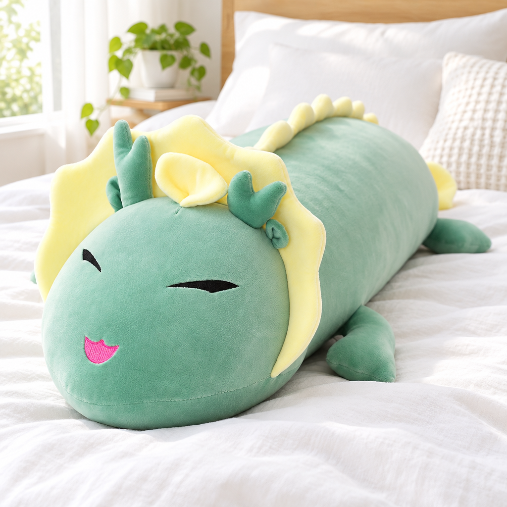 Green little long dragon plushie on a cozy bed
