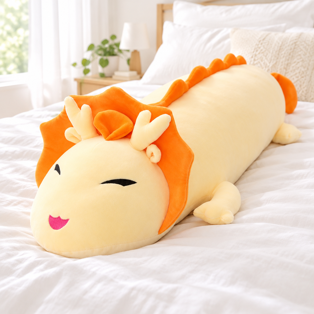 Orange little long dragon plushie on a cozy bed