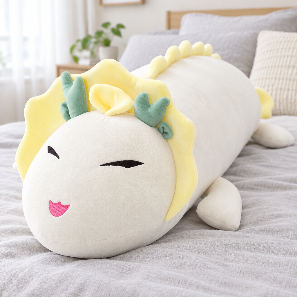 White little long dragon plushie on a cozy bed