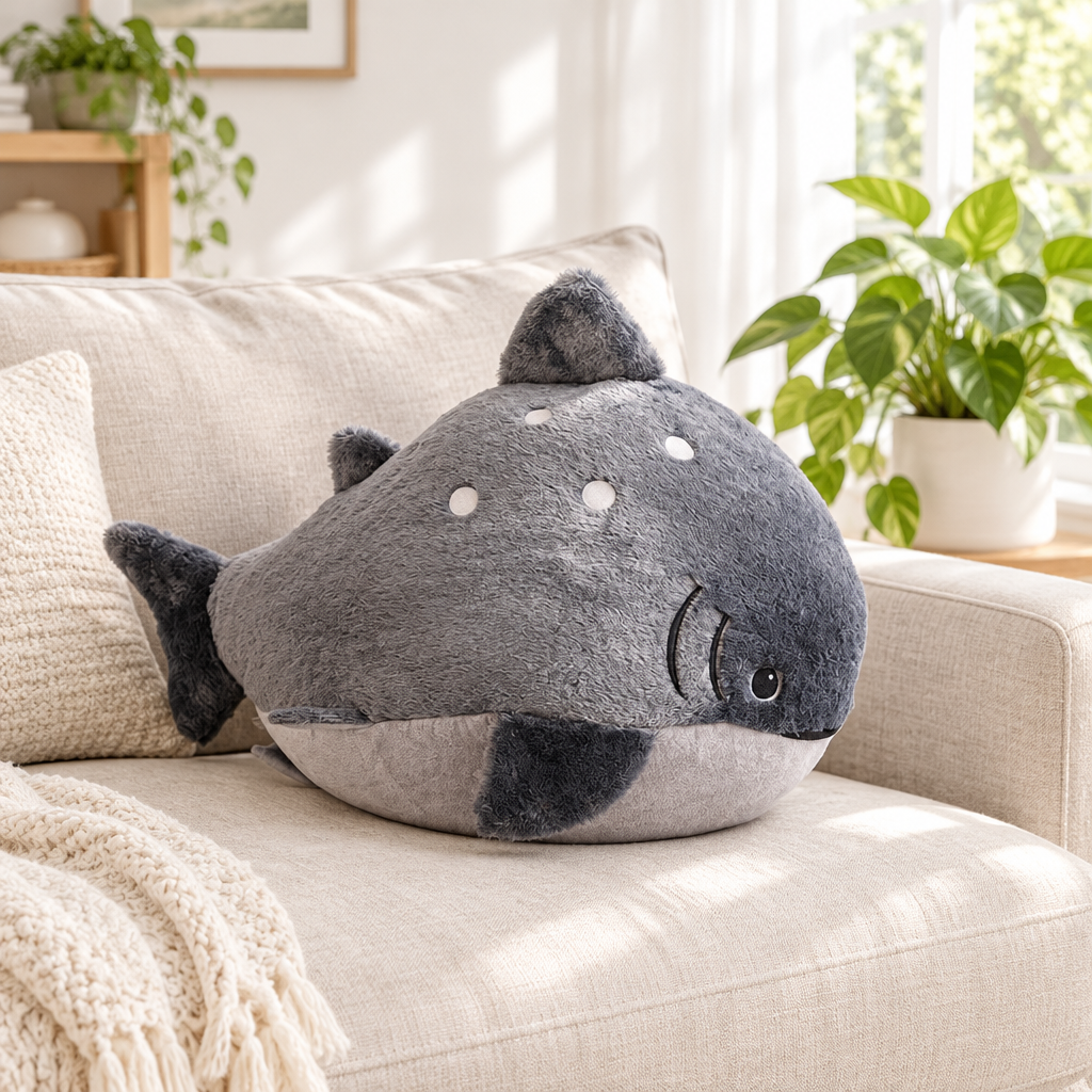 Chonky gray spotted shark plushie on a sofa