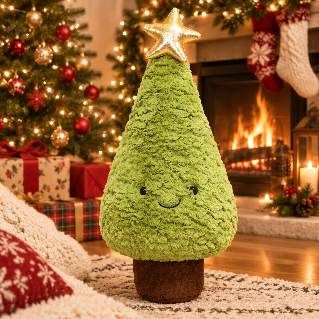 Friendly Christmas tree plushie beside a fireplace