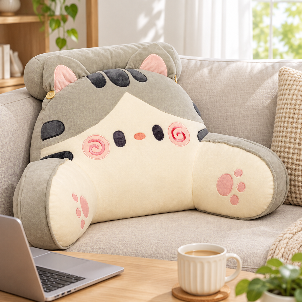 Grey cat resting cushion pillow on a sofa