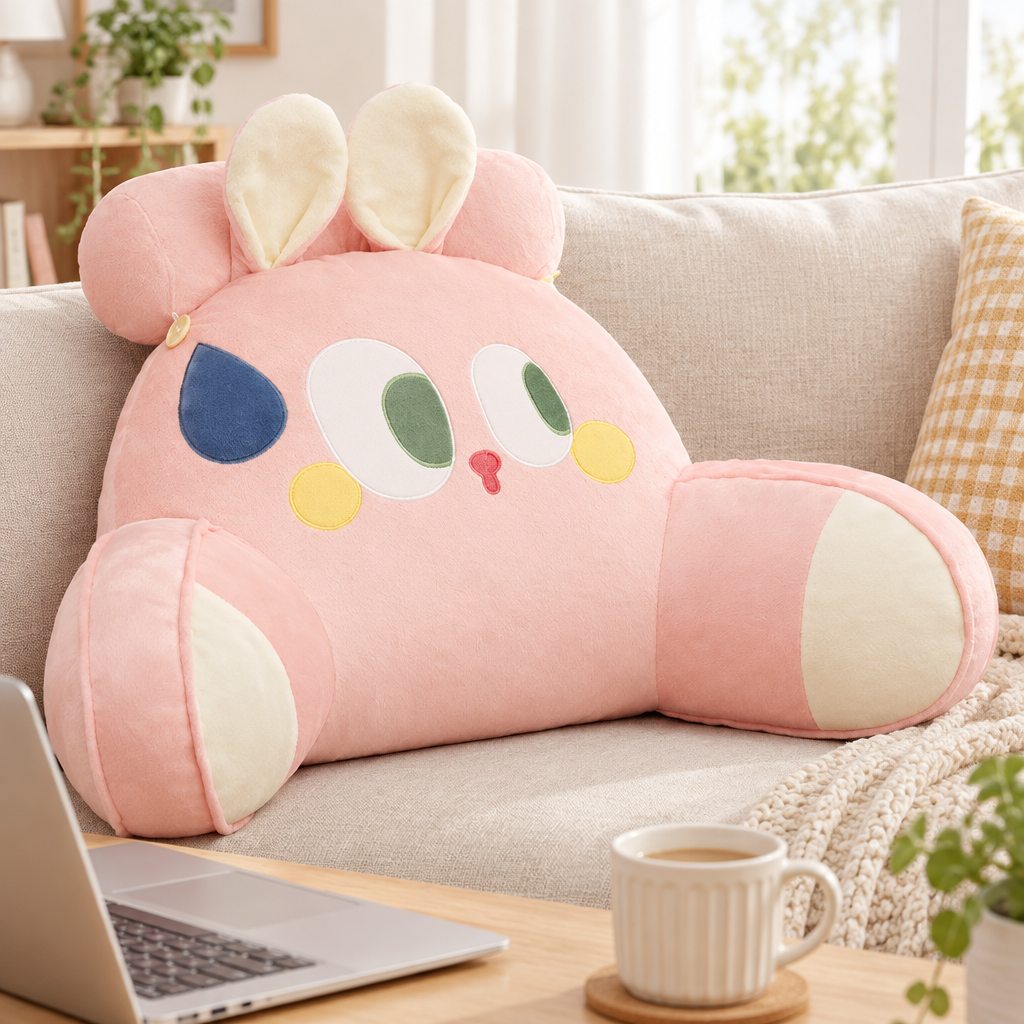 Pink rabbit resting cushion pillow on a sofa