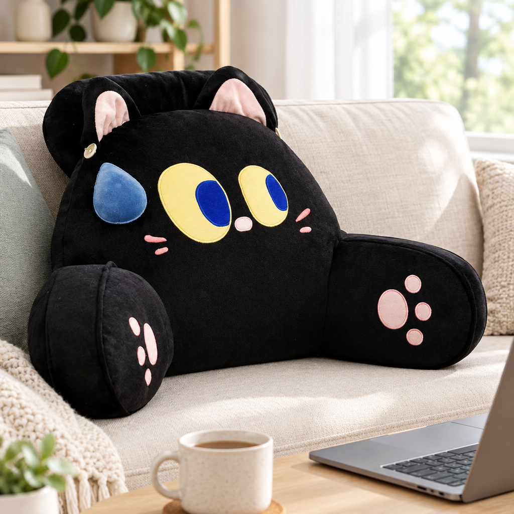Black cat resting cushion pillow on a sofa