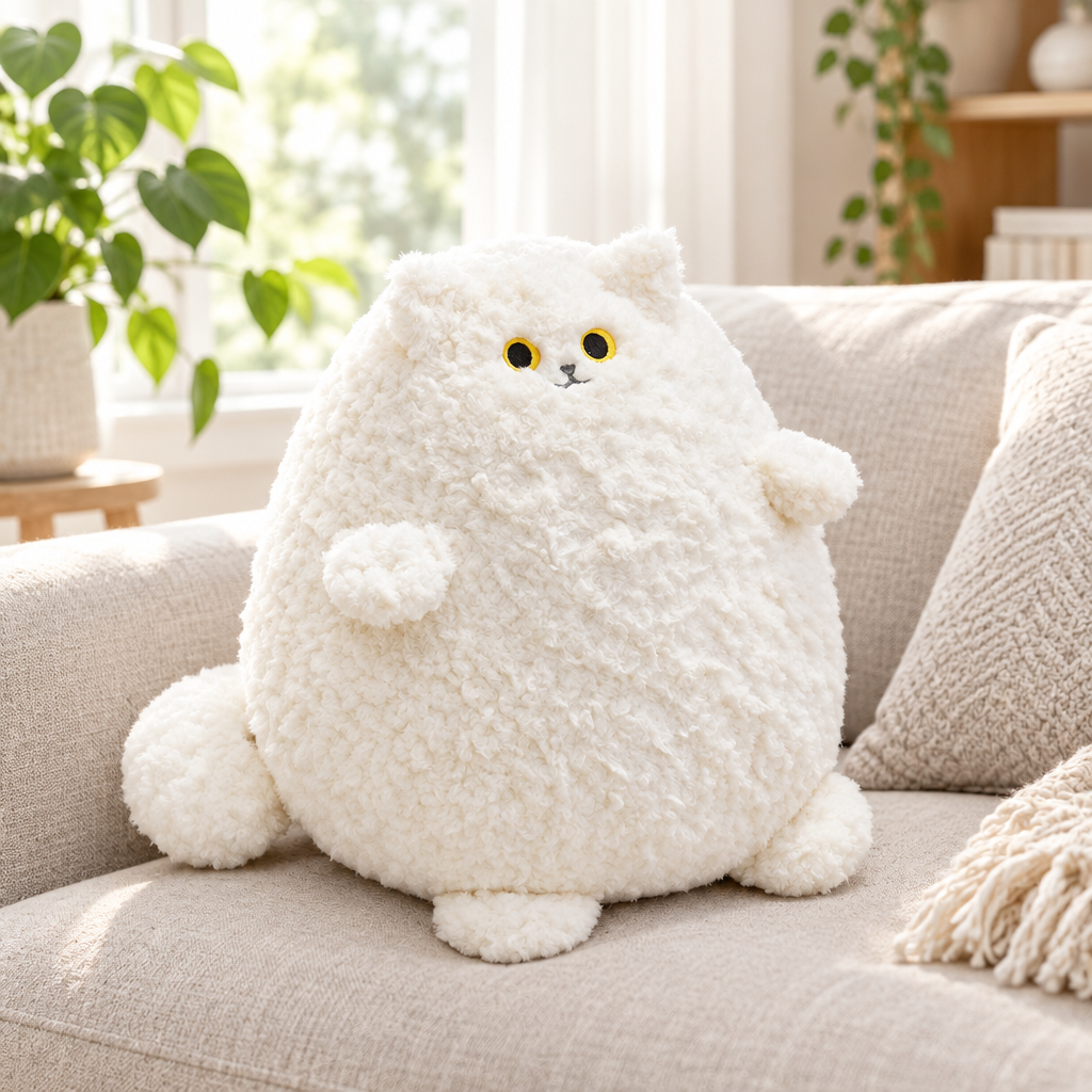 Chonky suspicious cat plushie loafing on a sofa
