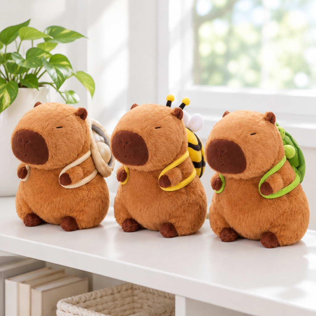 Capybara plushies with oyster, bee and tortoise backpacks on a shelf