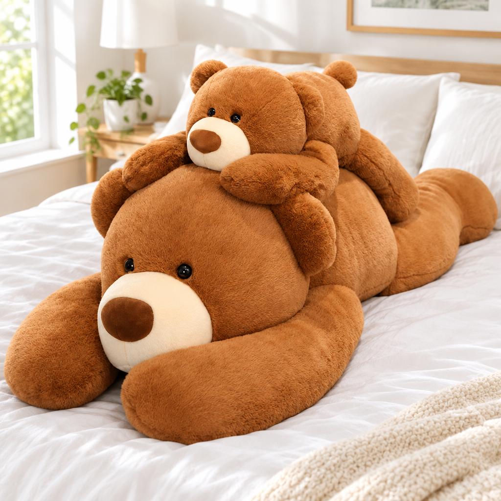 Fluffy brown bear body pillow plushie on a cozy bed